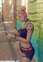 bracelet bracelets choker clothed clothed_female clothing female female_only fortnite fortnite:_battle_royale fully_clothed fully_clothed_female haze_(fortnite) idkusername_69 looking_at_phone shiny shiny_skin shorts solo solo_female surf_witch_(fortnite) tank_top tattoo tattoos