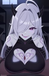 1boy 1girls big_breasts black_clothing black_gloves dark-skinned_male dark_skin gloves horns looking_at_viewer male_pov monster_girl original paizuri pale_skin pov purple_eyes shimmerhex succubus tail tattoo tongue_out white-skinned_female white_hair white_skin