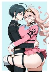 1boy 1girls ahoge ai_generated ass big_ass blonde_hair blue_eyes blue_hair blush boots breast_press breast_squish choker danganronpa danganronpa_v3 female goggles_on_head hair_between_eyes heart hug iruma_miu large_breasts leg_up leg_wrap looking_at_another male naughty_face panties saihara_shuuichi school_uniform self_upload skindentation skirt smile thick_thighs