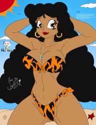 beach bikini bikini_bottom bikini_top black_hair black_hair_female brown_eyes brown_skin earrings el_tigre jewelry long_hair maria_rivera mexican mexican_female milf nuemekcolor red_lips red_lipstick