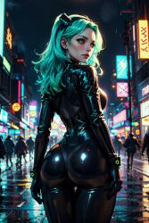 aged_up ai_generated cyberpunk:_edgerunners green_eyes green_hair latex_bodysuit latex_suit long_hair looking_at_viewer looking_back public rebecca_(edgerunners) round_ass sarella