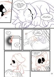 after_sex bed canine catnap_(poppy_playtime) comic comic_page dialogue dogday_(poppy_playtime) duo feline furry_only male no_humans poppy_playtime sketch smiling_critters surprised tail theartbreaker1