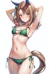 1female 1girls ai_generated anthro armpits athletic athletic_female bikini bikini_bottom bikini_top blush blushing blushing_at_viewer breasts brown_eyes brown_hair female female_only hair_ribbon hi_res high_resolution highres horse_ears horse_girl horse_tail king_halo_(umamusume) long_hair looking_at_viewer matching_hair/eyes medium_breasts normal_breasts short_hair simple_background solo solo_female umamusume umamusume_pretty_derby wet wet_body white_background