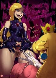 2023 2girls blonde_hair blue_eyes clothed clothing crown dialogue english_text female female_only hi_res intentional_pants_wetting laughing liuskin long_hair mario_(series) mario_tennis multiple_girls nintendo peeing piss pissing_on_another princess_peach pussy sharp_teeth smiling spread_pussy spreading text wapeach yuri