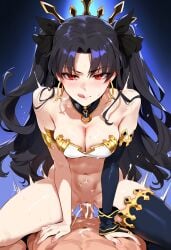 1boy 1girls ai_generated black_hair bottomless breasts cleavage cowgirl_position cum cum_in_pussy fate/grand_order fate_(series) female female_on_top ishtar_(fate) male penis pov pussy riding_penis sayuai sex thiccwithaq_(ai_style)