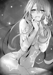 almost_naked belly_button big_breasts black_and_white blush breasts date_a_live finger_in_mouth hand_in_hair long_hair natsumi_(date_a_live) novel_illustration official_art thick_thighs thighs transparent_clothing tsunako