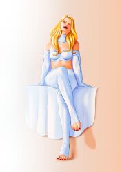 blonde_hair blue_eyes cleavage curvy curvy_female emma_frost female female_only looking_at_viewer looking_down marvel marvel_comics sileax toeless_shoes toenails toes white_queen x-men