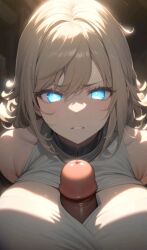 ai_generated big_breasts blue_eyes breasts cock dick disgusted disgusted_expression disgusted_face myaim original_character paizuri paizuri_over_clothes penis shiny_eyes tagme