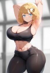 ai_generated armpits big_breasts blonde_hair blue_eyes breasts cleavage gym_uniform hololive hololive_english hololive_myth large_breasts leggings navel sideboob sports_bra sportswear stretching sweat thick_thighs virtual_youtuber vtuber watson_amelia yoga_pants