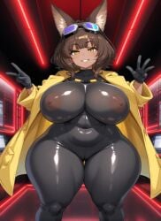 _kitsumomma ai_generated big_breasts black_bodysuit black_gloves brown_hair cameltoe dark_skin demigoddess fox_ears fox_girl foxina goggles_on_head kitsune labcoat original_character seductive_smile shortstack swollen_breasts thick_thighs yellow_eyes