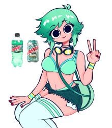 1girls black_eyes bottle can cdromarts drink female goggles goggles_around_neck green_hair green_underwear legwear light_green_hair lipstick mountain_dew nail_polish partially_clothed peace_sign ramona_flowers red_lipstick red_nails scott_pilgrim short_hair short_shorts shorts soda solo solo_female stockings thighhighs torn_clothes torn_shorts two_tone_hair underwear white_legwear