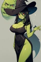 1girls ai_generated banjo-kazooie big_breasts black_dress black_hair busty evil evil_grin female female_focus female_only game_over game_over_gruntilda green_skin gruntilda gruntilda_winkybunion perfect_body red_eyes villainess wide_hips witch witch_hat