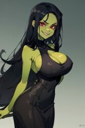 1girls ai_generated banjo-kazooie big_ass big_breasts black_dress black_hair busty evil evil_grin female female_focus female_only game_over game_over_gruntilda green_skin gruntilda gruntilda_winkybunion perfect_body red_eyes seductive villainess wide_hips witch