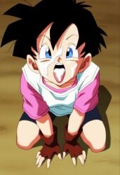 1girls after_oral after_sex ai_generated all_fours bike_shorts black_hair blk9201 blue_eyes blush breasts clothing cum cum_in_mouth cum_on_face cum_on_tongue dragon_ball dragon_ball_z female fully_clothed gloves kneeling looking_at_viewer open_mouth petite shirt short_hair small_breasts solo tongue tongue_out uncensored videl videl_(majin_buu_saga) videl_(short_hair) wariza