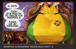 2024 big_breasts bodysuit busty deadpool deadpool_2 devil_hs dialogue english_text erect_nipples female hi_res high_resolution highres humor large_breasts marvel nipple_bulge rogue_(x-men) southern_accent southern_belle superheroine text wade_wilson watching_video x-men youtube