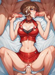 1girl3boys ai_generated blue_eyes blush brown_hair crop_top cum cum_in_mouth cum_inside cum_on_breasts cum_on_face cum_on_hair detached_collar fellatio gangbang handjob holding_testicles large_breasts lying_on_back meiko meiko_(vocaloid) midriff penis penis_in_pussy penis_on_mouth short_hair skirt testicles vaginal_penetration vocaloid