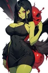 1girls ai_generated banjo-kazooie big_breasts black_dress black_hair busty evil evil_grin female female_focus female_only game_over game_over_gruntilda green_skin gruntilda gruntilda_winkybunion perfect_body red_eyes villainess wide_hips witch