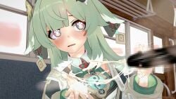 1boy 1girls big_penis blush cum cum_on_hands cum_string female honkai:_star_rail huge_cock huohuo_(honkai:_star_rail) koikatsu large_penis male penis sea_(artist)