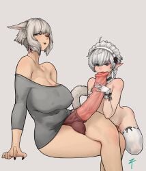 1boy 1futa 2024 alphinaud_leveilleur animal_ears animal_genitalia animal_penis balls big_breasts bottomless breasts chastity_cage cleavage clothed clothing duo erection fellatio femboy final_fantasy futa_is_bigger futa_on_male futanari horsecock horsecock_futanari huge_balls huge_breasts huge_cock humanoid kemonomimi kneeling large_breasts light-skinned_futanari light-skinned_male light_skin maid male oral partially_clothed penis penis_awe penis_size_difference pointy_ears sex small_penis smaller_male y'shtola ztyoho