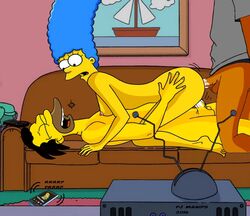 anal anal_sex cartoony cowgirl_position creampie fjm lenny_leonard marge_simpson straight the_simpsons threesome