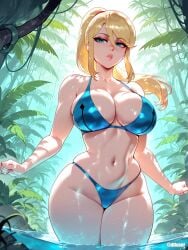 1girls abs ai_generated bikini blonde_hair blue_eyes cleavage difuxer female female_focus female_only jungle large_breasts light-skinned_female light_skin metroid nintendo samus_aran solo thick_thighs thighs wide_hips