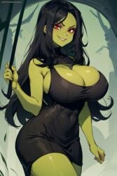 1girls ai_generated banjo-kazooie big_breasts black_dress black_hair busty evil evil_grin female female_focus female_only game_over game_over_gruntilda green_skin gruntilda gruntilda_winkybunion red_eyes villainess wide_hips witch