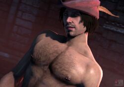 1boy 3d 3d_(artwork) 3d_model artist_name artist_signature artist_website bara bard beard blue_eyes brown_hair chest_hair dark_hair facial_hair feathers hairy_chest hat human jaskier_(the_witcher) light-skinned_male light_skin long_hair looking_at_viewer male male_only muscles muscular muscular_male nipple_piercing nipples obbi_mation pecs piercing seductive seductive_look seductive_smile shirtless smile smiling solo solo_male the_witcher the_witcher_(series) the_witcher_2 video_games