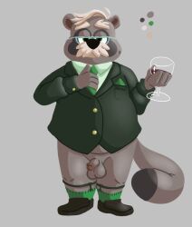 alcohol anthro balls beverage bottomless canid canine clothed clothing container cup drinking_glass eyewear facial_hair flaccid footwear fur garter_belt garter_belt_socks garter_straps genitals glass glass_container glass_cup glasses hair hi_res looking_at_viewer male mammal moustache mr._ishizaki necktie overweight overweight_anthro overweight_male penis raccoon_dog sibluself simple_background socks solo suit_jacket tail tanuki wine wine_glass