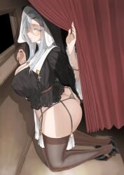 1girls big_ass blue_eyes g-string looking_at_viewer looking_back massive_breasts nun on_floor on_ground on_knees silver_hair slim_waist thick_thighs thighhighs thighs throtem