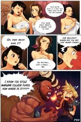 2boys 3girls aerith_gainsborough angry barret_wallace black_hair blonde_hair brown_hair cleavage cloud_strife end_page english_text final_fantasy final_fantasy_vii humor madam_m naked_towel tifa_lockhart timbocactus towel