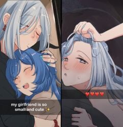 2girls bed before_sex blue_hair blue_nails blush caption closed_eyes clothed drooling earrings ganyu_(genshin_impact) genshin_impact grabbing_hair grabbing_sheets gray_eyes gray_hair grey_eyes grey_hair hair_pull happy heart-shaped_pupils horns hugging implied_sex looking_at_viewer meme multiple_girls nagiwww7 offscreen_sex open_mouth panels pinned pinned_down pulling_hair shenhe_(genshin_impact) snapchat sometimes_like_this_also_like_that sweat tagme wholesome yuri