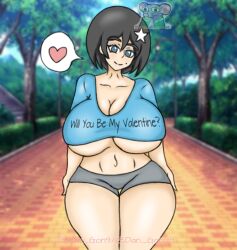 big_breasts blue_eyes cera_(danki) danki-+18 park short_hair short_skirt shorts shy smile thick_thighs valentine's_day