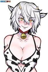 1girls 27lsd 2d big_breasts blush breasts code_vein commission cow_girl cow_print female_only io_(code_vein) milk pointy_chin smile solo white_hair ych yellow_eyes