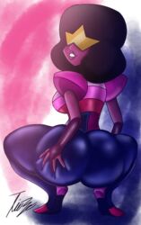 big_ass big_breasts big_butt black_hair blue blue_background cartoon_network female fusion garnet_(steven_universe) gem_(species) gem_fusion hand_on_ass hand_on_butt leggings legwear mother red red_background shoulder_pads smile smiling smiling_at_viewer smirk squat squatting steven_universe steven_universe:_the_movie steven_universe_future tease teasing visor