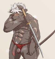 1boy abs anthro asian_clothing balls black_body black_fur bodily_fluids canid canine canis clothing clothing_aside domestic_dog east_asian_clothing facial_scar flaccid fundoshi fundoshi_aside fur genitals hair hi_res japanese_clothing katana lifewonders male male_only mammal melee_weapon muscular muscular_male ninja nipples pecs penis pubes scar solo sweat sword tadatomo tokyo_afterschool_summoners underwear underwear_aside vhb3art warrior weapon white_hair