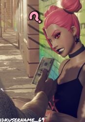 choker clothed clothed_female clothed_male clothing confused fortnite fortnite:_battle_royale fully_clothed fully_clothed_female fully_clothed_male haze_(fortnite) idkusername_69 money offering_money question_mark sfw surf_witch_(fortnite) tank_top