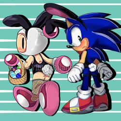 2boys blush bomberman bomberman_(series) bunny_boy bunny_ears bunnysuit crossdressing crossover fake_animal_ears fake_rabbit_ears fishnets hudson_soft humanoid konami looking_back male male_only multiple_boys no_humans non-human non-human_only rear_view sega sonic_(series) sonic_the_hedgehog stockings unknown_artist video_game_character video_games watermark white_bomber white_bomberman