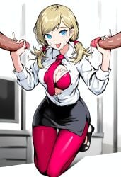 ai_generated another_eden blonde_hair blue_eyes cum_on_breasts cum_on_face handjob office_lady red_legwear renri_(another_eden) skirt threesome