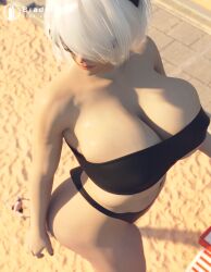 1boy 1girls 3d 3d_(artwork) beach big_breasts bikini black_bikini black_swimsuit black_swimwear bradengts female female_focus giantess height_difference huge_breasts larger_female light-skinned_female light_skin looking_back looking_down_at_partner male midriff navel nier nier:_automata size_difference smaller_male swimsuit swimwear video_game_character white_hair yorha_2b