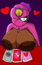 1girls 2024 3_eyes areolae artist_name artist_signature brawl_stars breasts cards covered_eye dark-skinned_female dark_areola dark_nipples dark_skin female female_focus female_only heart large_breasts multi_eye nipples psyko purple_hair table tara_(brawl_stars) wanting_sex