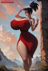 1girls ai_generated artbycoco bangle big_breasts cleavage dragon_ball_super female female_only huge_breasts kale kale_(dragon_ball) red_dress solo solo_female thick_thighs wide_hips