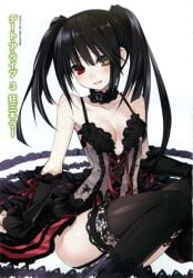 bare_shoulders black_hair black_lingerie blush breasts colored date_a_live garter_belt garter_straps heterochromia lingerie long_hair neck_collar novel_illustration official_art open_mouth smile stockings thighhighs thighs tokisaki_kurumi tsunako twintails