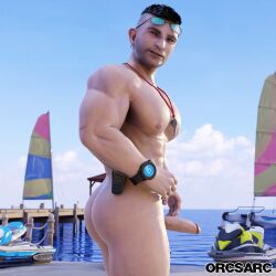 3d bara beach david_king dead_by_daylight gay muscles muscular muscular_male orcsarc sunglasses sunglasses_on_head