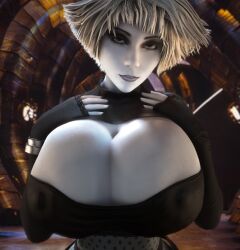 1girls 3d 3d_(artwork) alternate_breast_size boob_window breasts breasts_bigger_than_head chiana cleavage cleavage_cutout close-up closeup clothed clothed_female enormous_breasts farscape female female_only female_solo fingerless_gloves front_view gigantic_breasts gloves grey_skin hourglass_figure huge_breasts looking_at_viewer nipples nipples_visible_through_clothing pale-skinned_female pale_skin silver_hair slim_waist solo solo_female top_heavy top_heavy_breasts upper_body vaako white_hair wide_hips