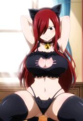 1female 1girls ai_generated aianimearthd armpits arms_behind_head big_breasts breasts brown_eyes cat_ears cat_lingerie commentary_request english_commentary erza_scarlet fairy_tail female female_only hair_over_one_eye hi_res highres indoors large_breasts long_hair panties red_hair room solo solo_female spread_legs squat squatting very_high_resolution