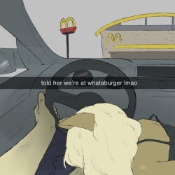 anthro car clothed clothing dialogue digital_media_(artwork) driving duo english_text fur hair hi_res implied_oral inside_car mcdonald's monstergirl_mcdonald's neeno oral roadhead sex sex_in_car snapchat text topwear vehicle