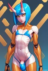 1boy ai_generated androgynous android bikini blue_hair bob_cut bulge bulge_through_clothing cyborg femboy flat_chest male male_only mechanical noredeemingvalue oni_horns penis shuten_douji_(fate) solo yellow_eyes