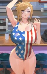 1girls american_flag_bikini bangs bangs_over_one_eye blonde blonde_hair character_request commission curvy hair_over_one_eye hood_x_art one-piece_swimsuit swimsuit tagme thick thick_thighs updo