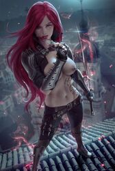 1girls blood blue_eyes boots breasts female female_only katarina_du_couteau league_of_legends licking long_hair looking_at_viewer midriff navel open_mouth pants red_hair scar solo spread_legs standing sword tattoo tongue tongue_out topless weapon zarory