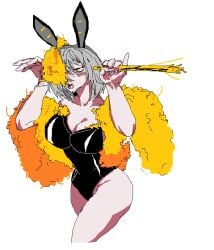 1girls blush bunny_ears bunny_pose bunnysuit dongbaek_(limbus_company) female female_focus female_only flower_over_eye flowers holding_object large_breasts limbus_company open_mouth playboy_bunny pose posing project_moon short_hair white_hair yellow_eyes yellow_flower yellow_flowers